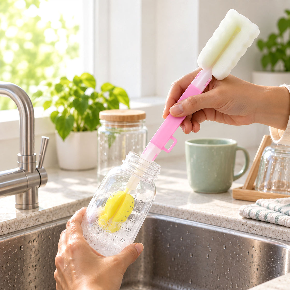Long Handle Silicone Bottle Cleaning Brush - 30 cm, Gentle & Flexible