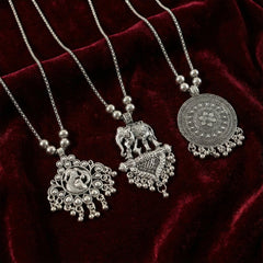 Oxidised Silver Finish Traditional Pendant Necklace – Mix Design (1 Pc)