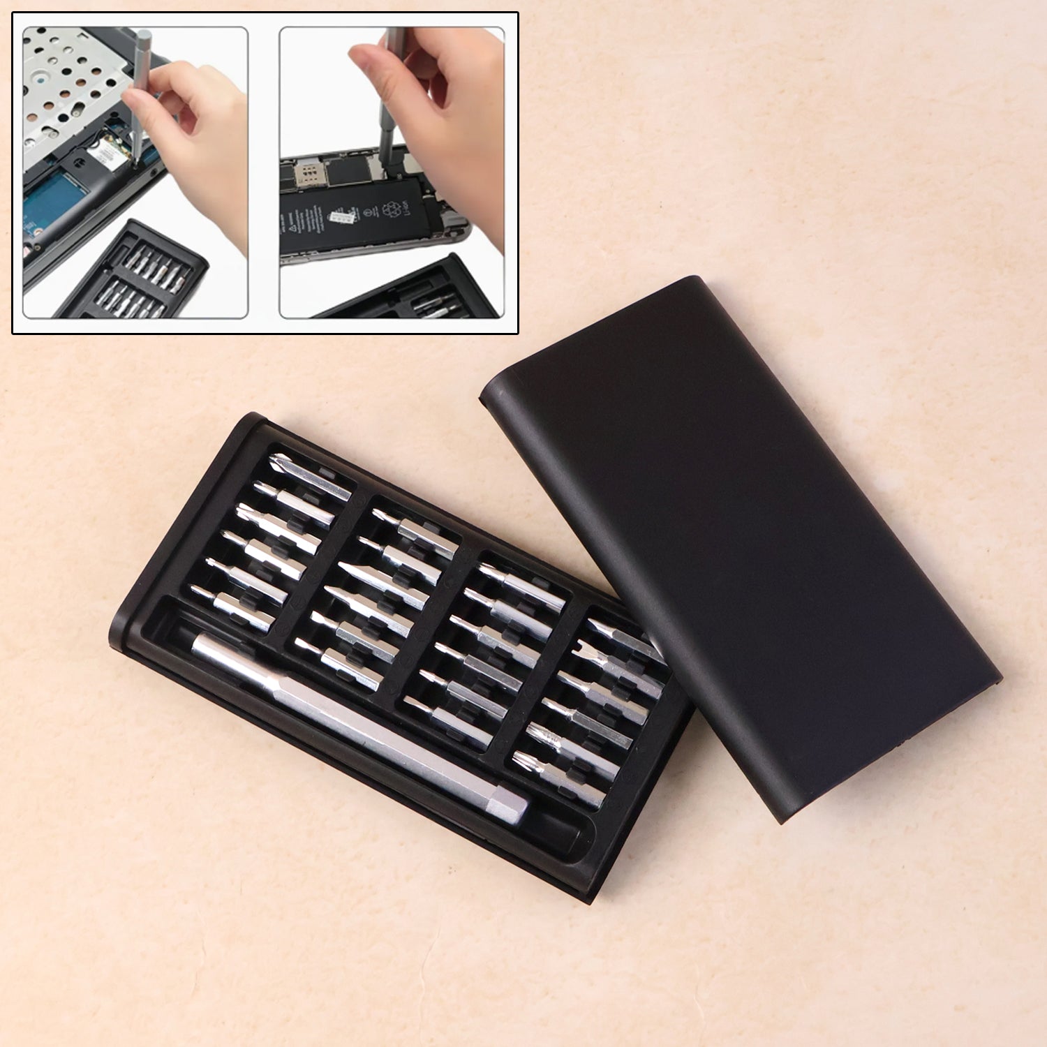 24-in-1 Aluminium Precision Screwdriver Set with magnetic handle and bits organized in compact case