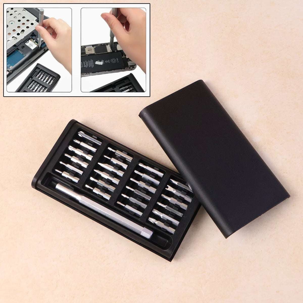 24-in-1 Aluminium Precision Screwdriver Set with magnetic handle and bits organized in compact case