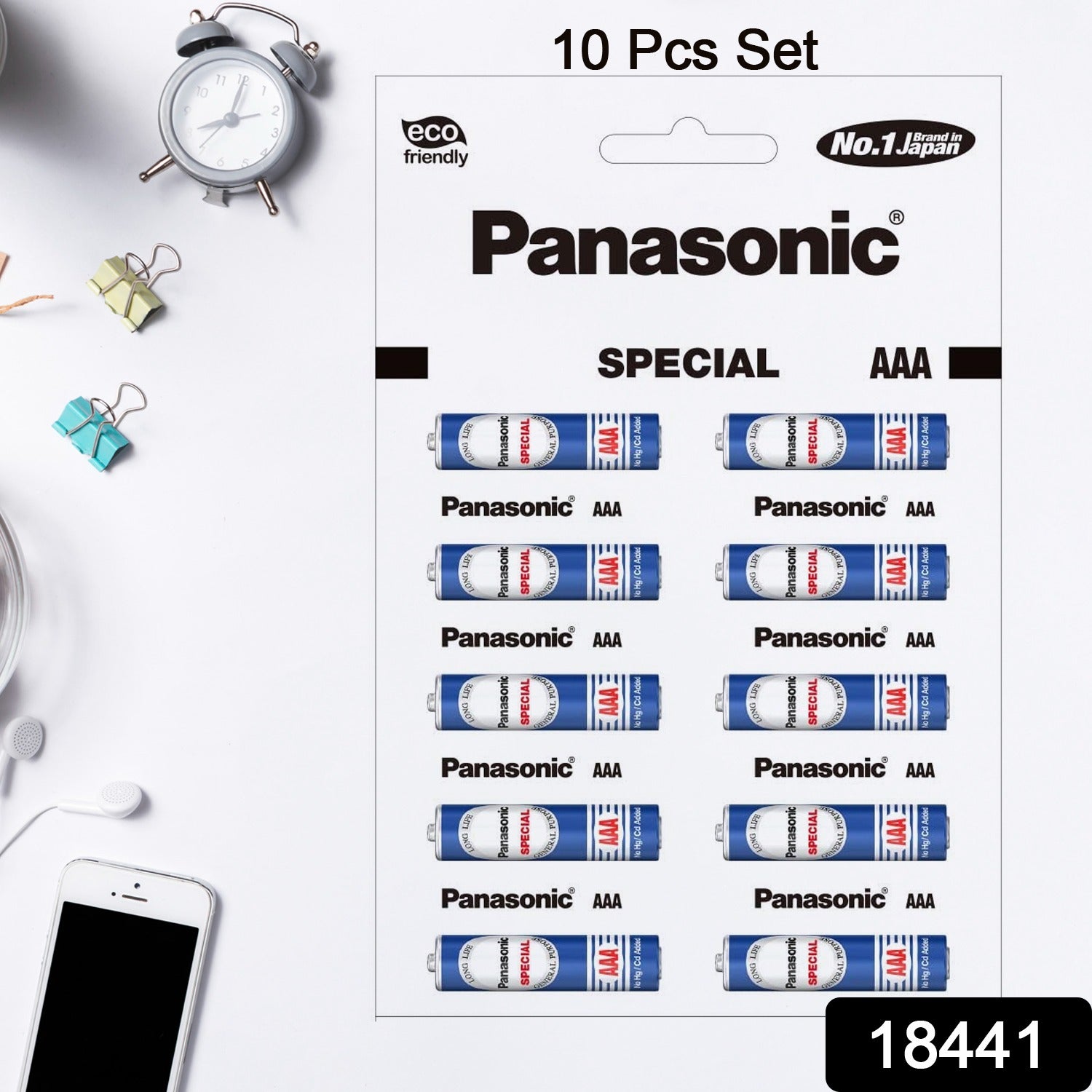 Close-up of Panasonic AAA Green Energy batteries, emphasizing their anti-leak protection.