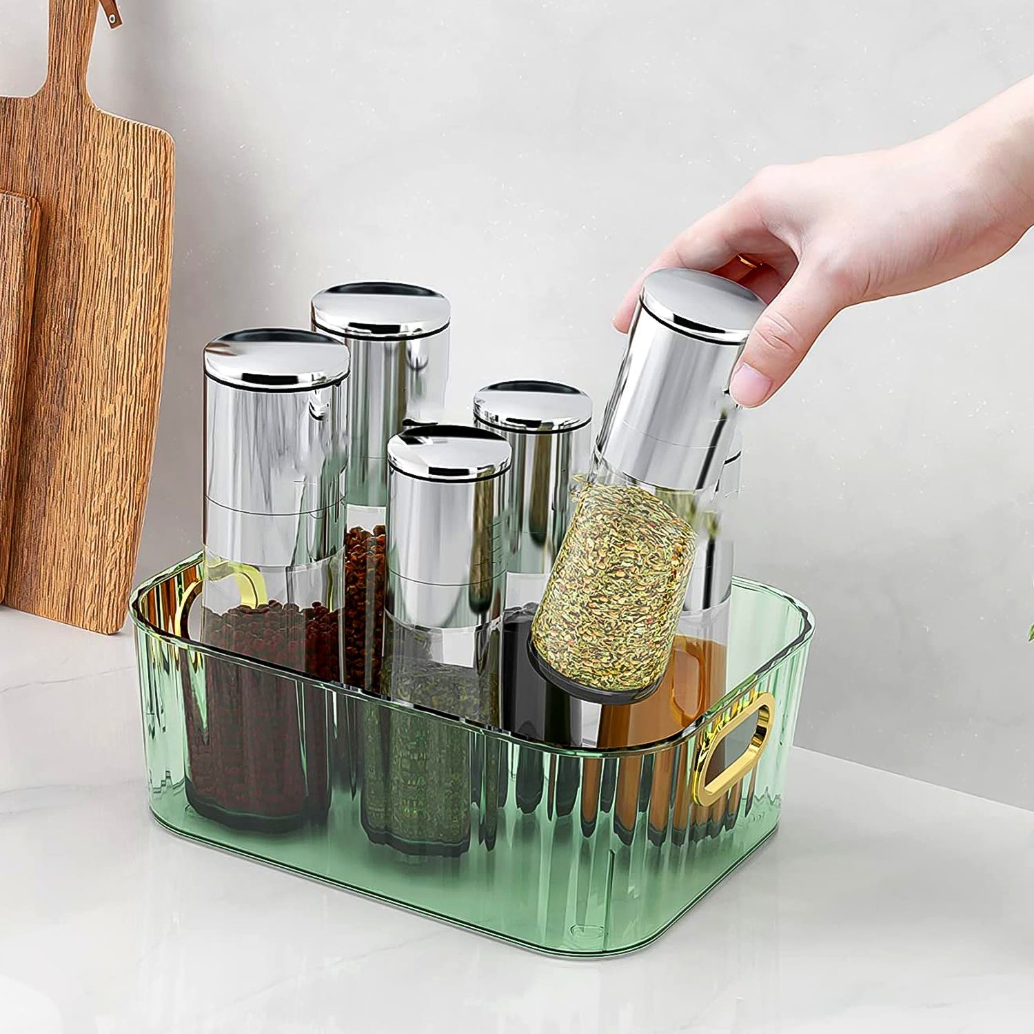 Premium Ribbed Transparent Storage Basket with Gold Handle â€“ Multipurpose Kitchen &amp; Home Organizer Box