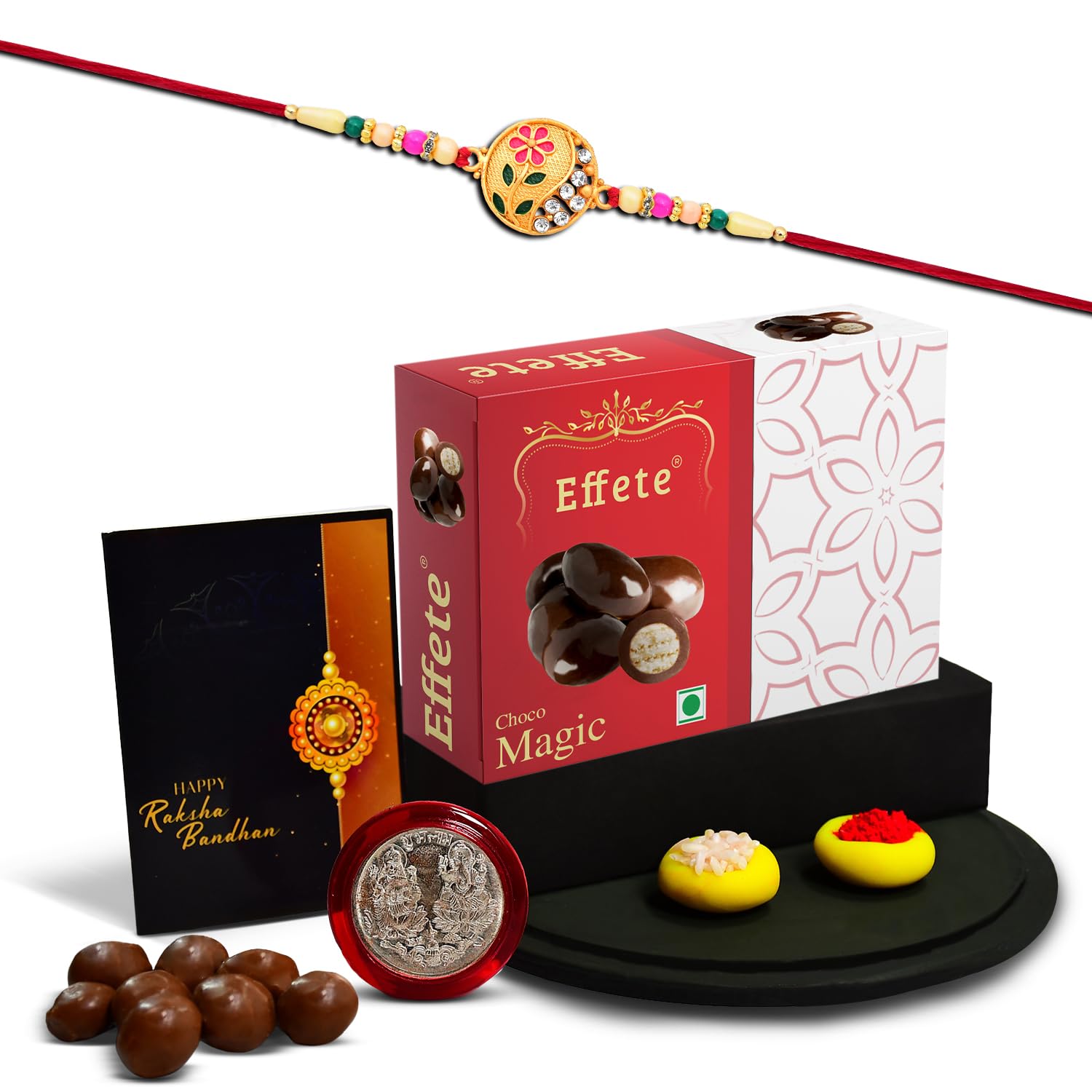(K1_507_EM32) Rakhi Combo with Chocolate Magic 32gm, Pooja Coin & Greeting Card, Rakhi Gift Hamper, Rakhi for brother with gift, chocolate gift pack, rakhi with Chocolate Gift Hemper, Fancy Rakhis for men, rakhi set of 1