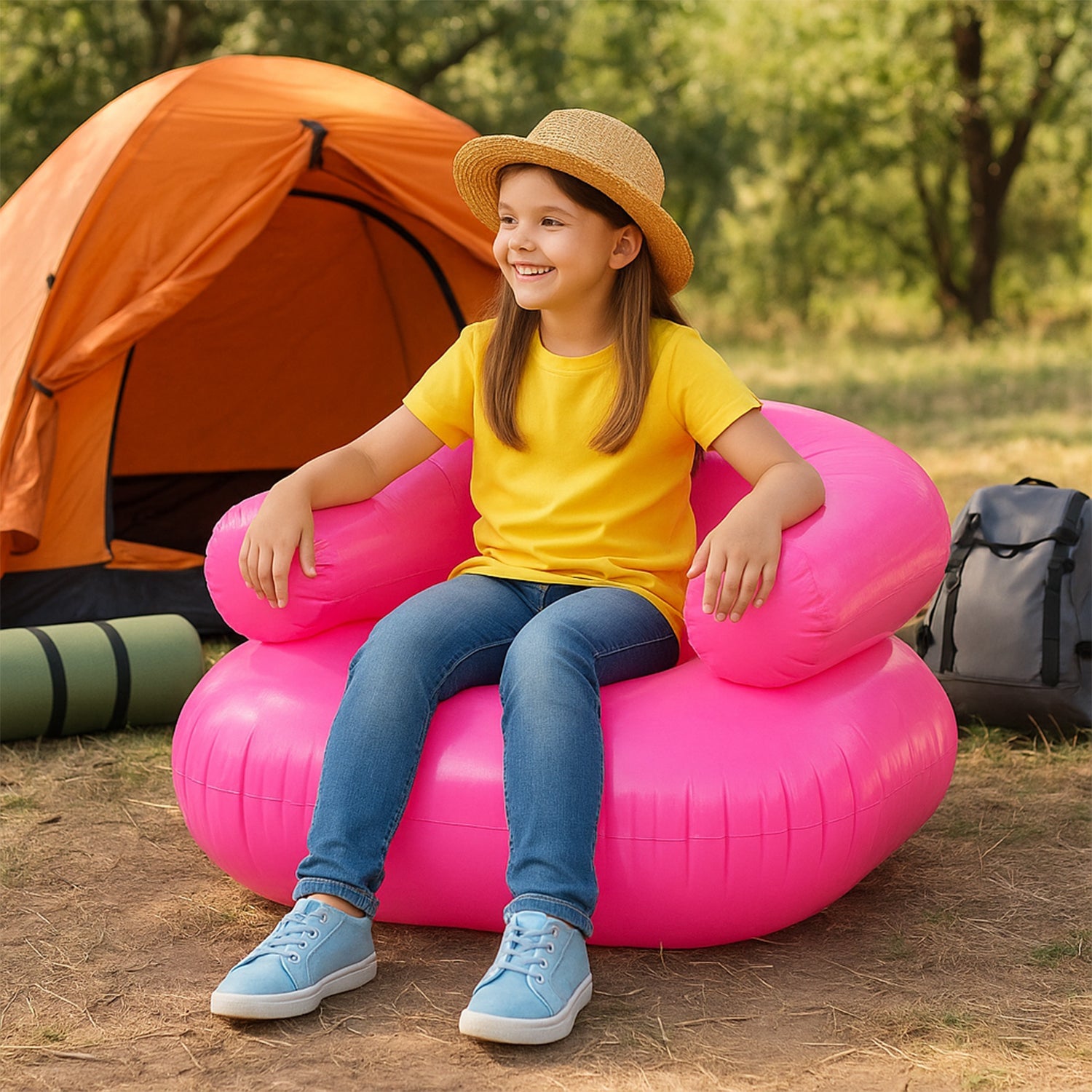 Inflatable kids sofa chair blue side view