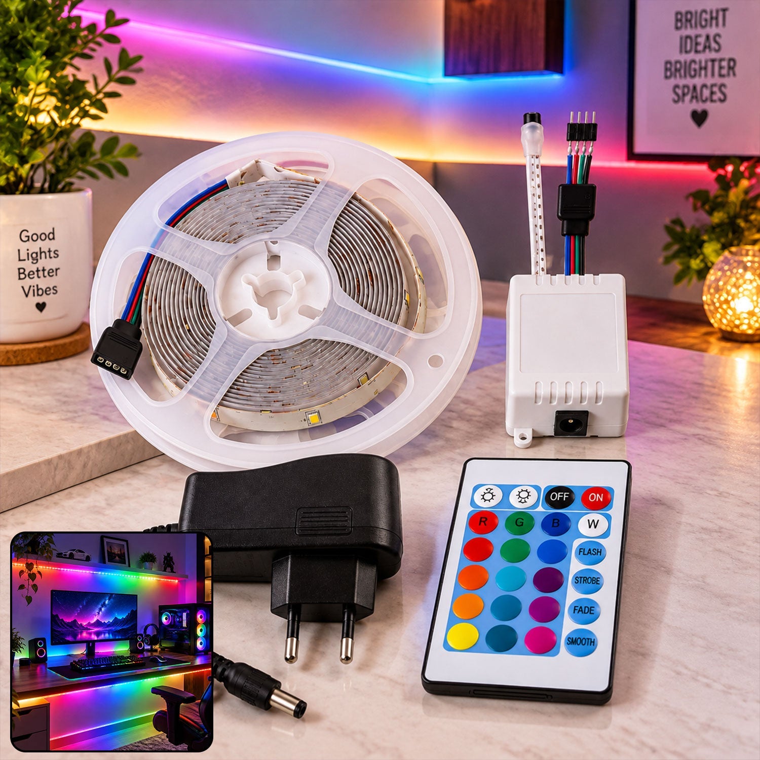 A coiled RGB LED strip light, white controller, power adapter, and remote control on a wooden surface, with a â€“ view 3