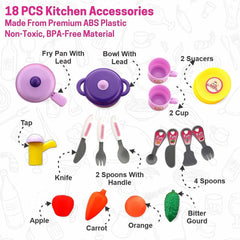 Close-up of play cooking utensils from kids kitchen set
