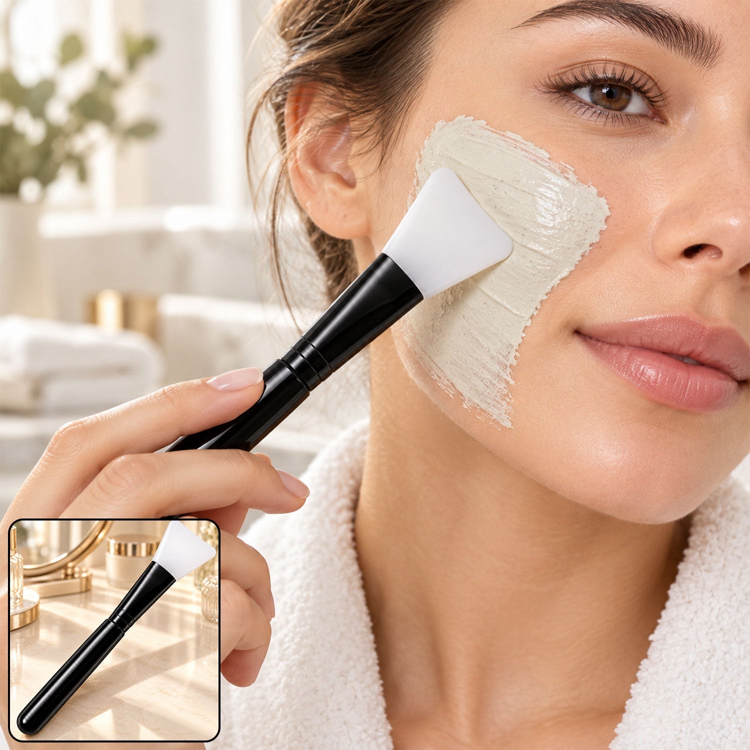 A woman applies a light green face mask to her cheek with a black and white silicone brush. Her hair is tied back, â€“ view 3