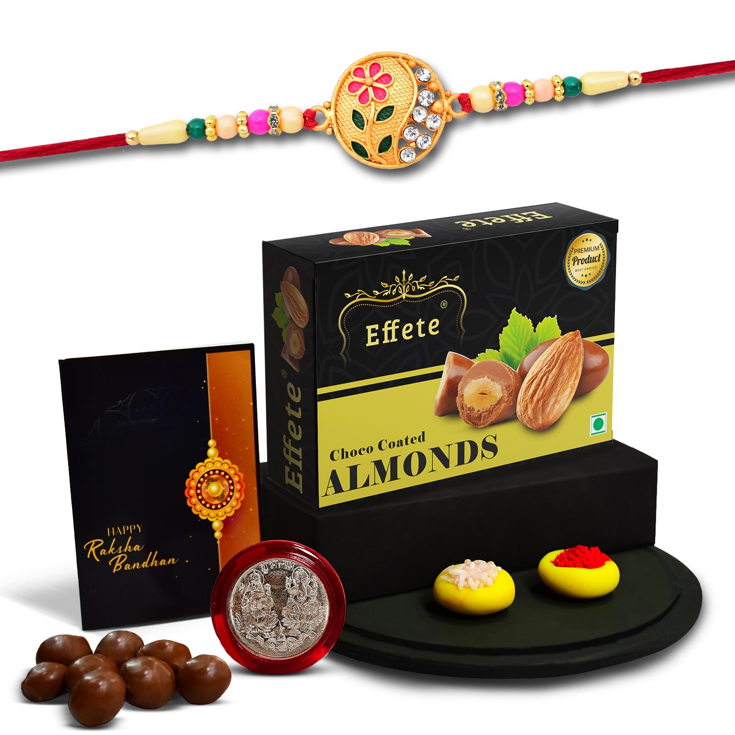 (K1_507_CA32) Rakhi Combo with Chocolate Almonds 32gm| Rakhi for brother with gift | Fancy Rakhis for men stylish |rakhi combo for brother | Set of 1 Rakhi | Chocolate |