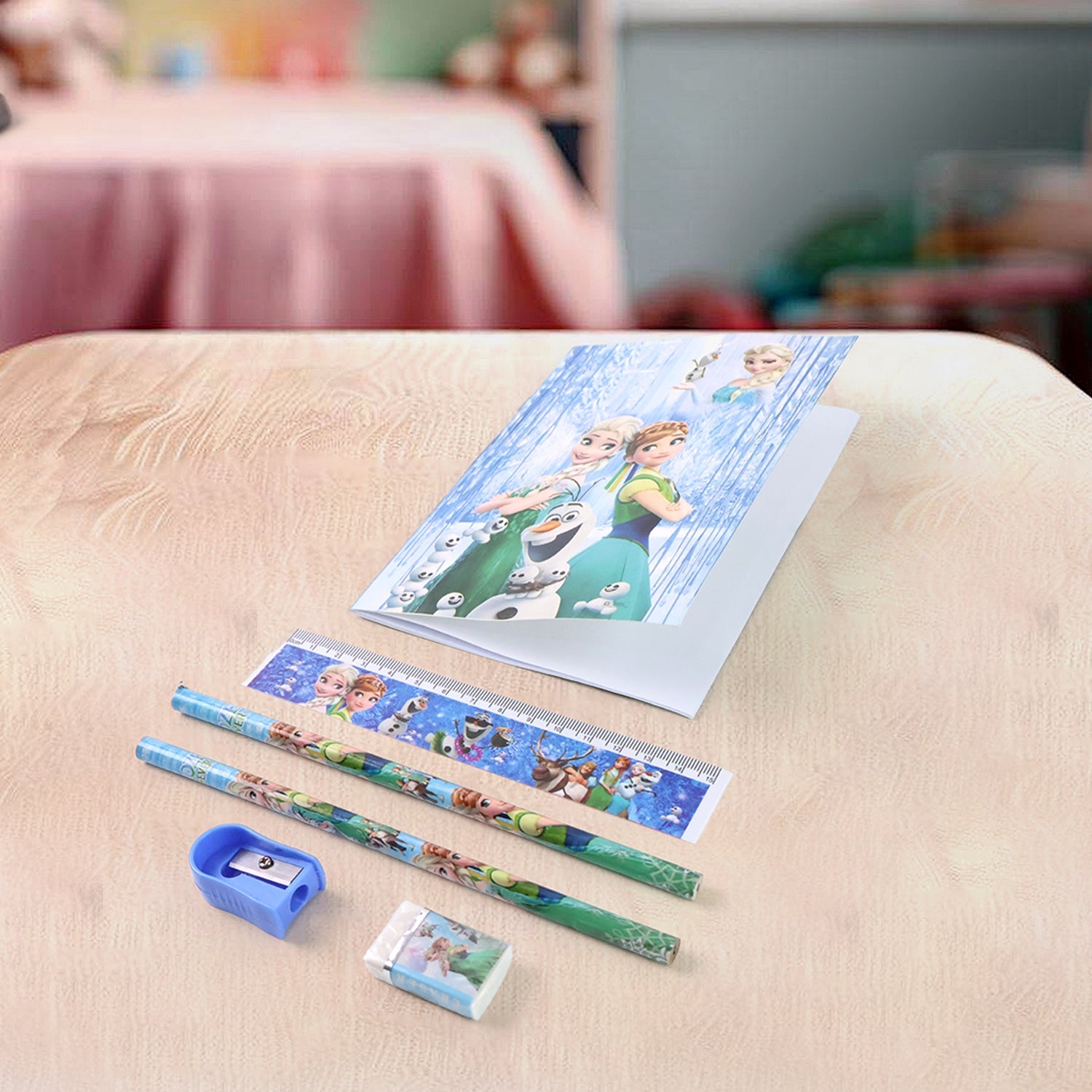 Close-up of a colorful cartoon pencil from the kids stationery kit