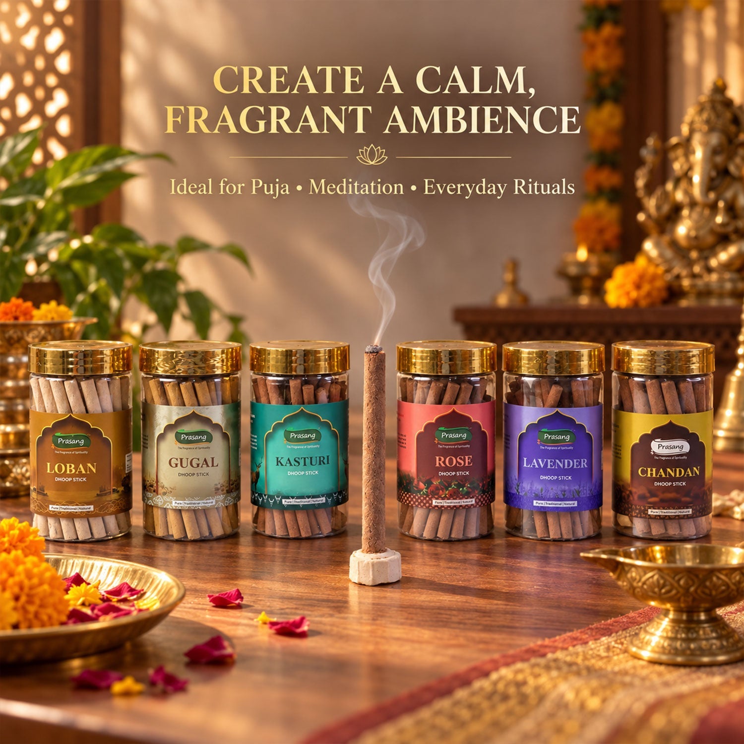 Six dhoop stick jars with gold lids, a lit stick, and scattered petals on a table, with text overlay.