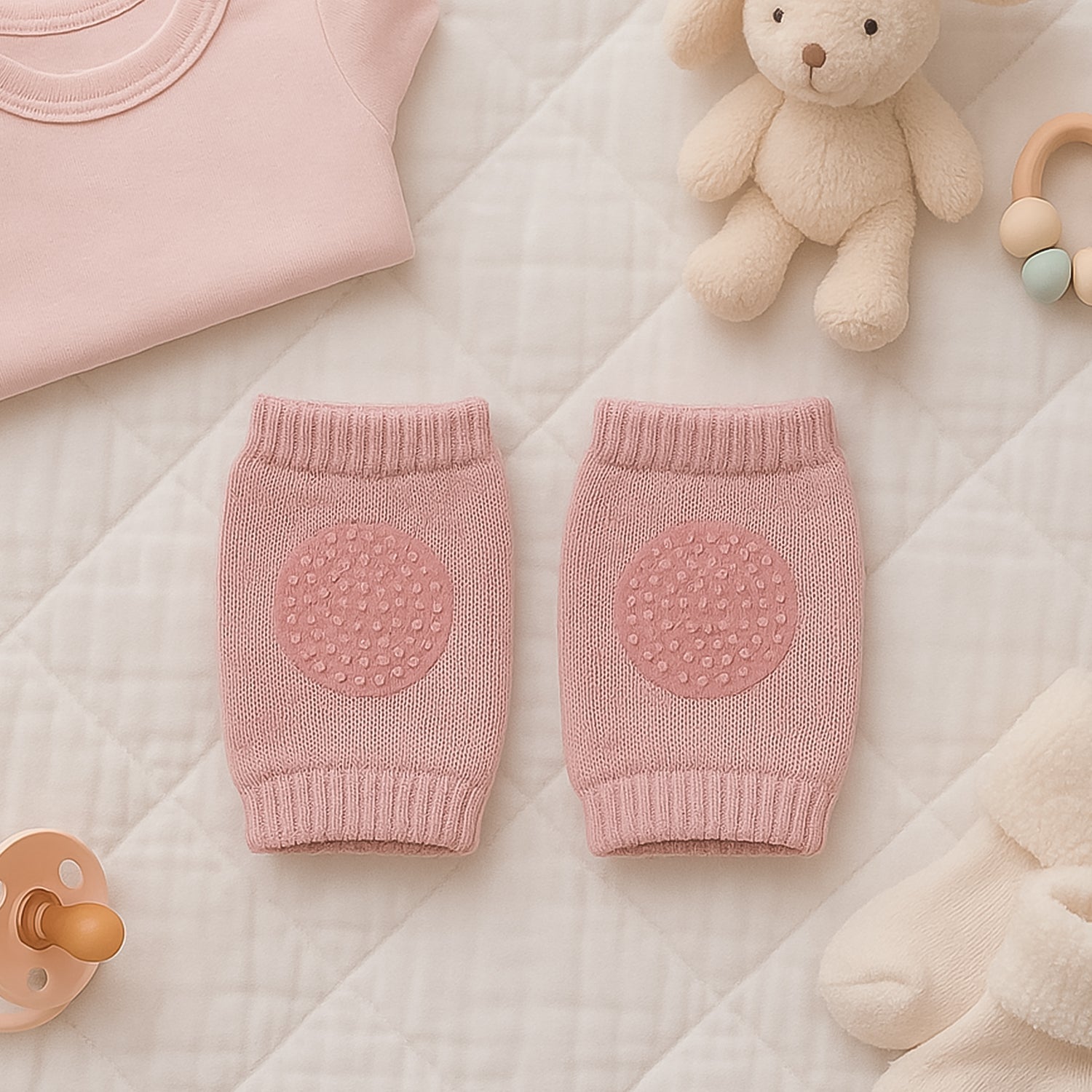 Side view of pink toddler wool knit knee protectors