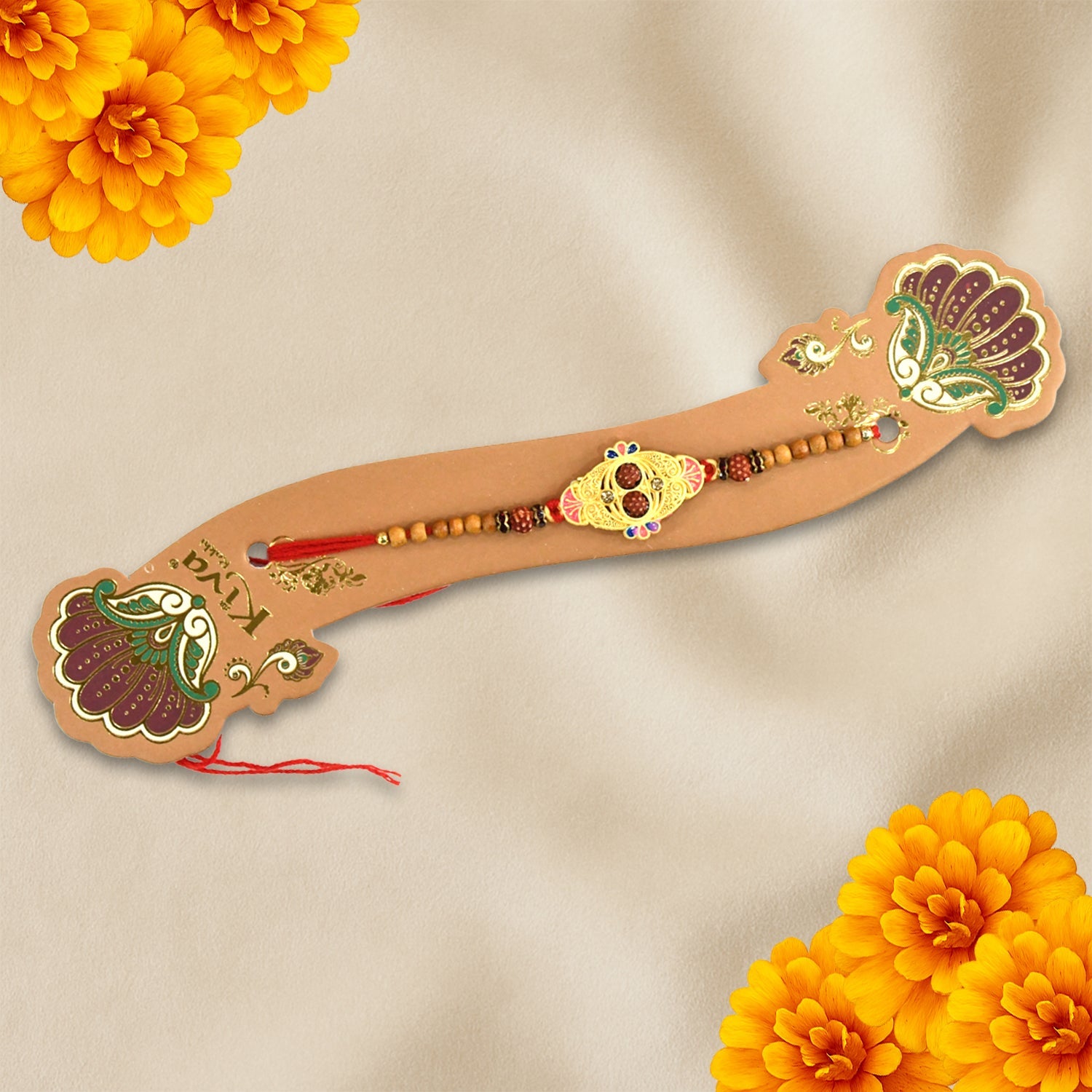 Auspicious Oval Rakhi with Rudraksha & Meenakari Work