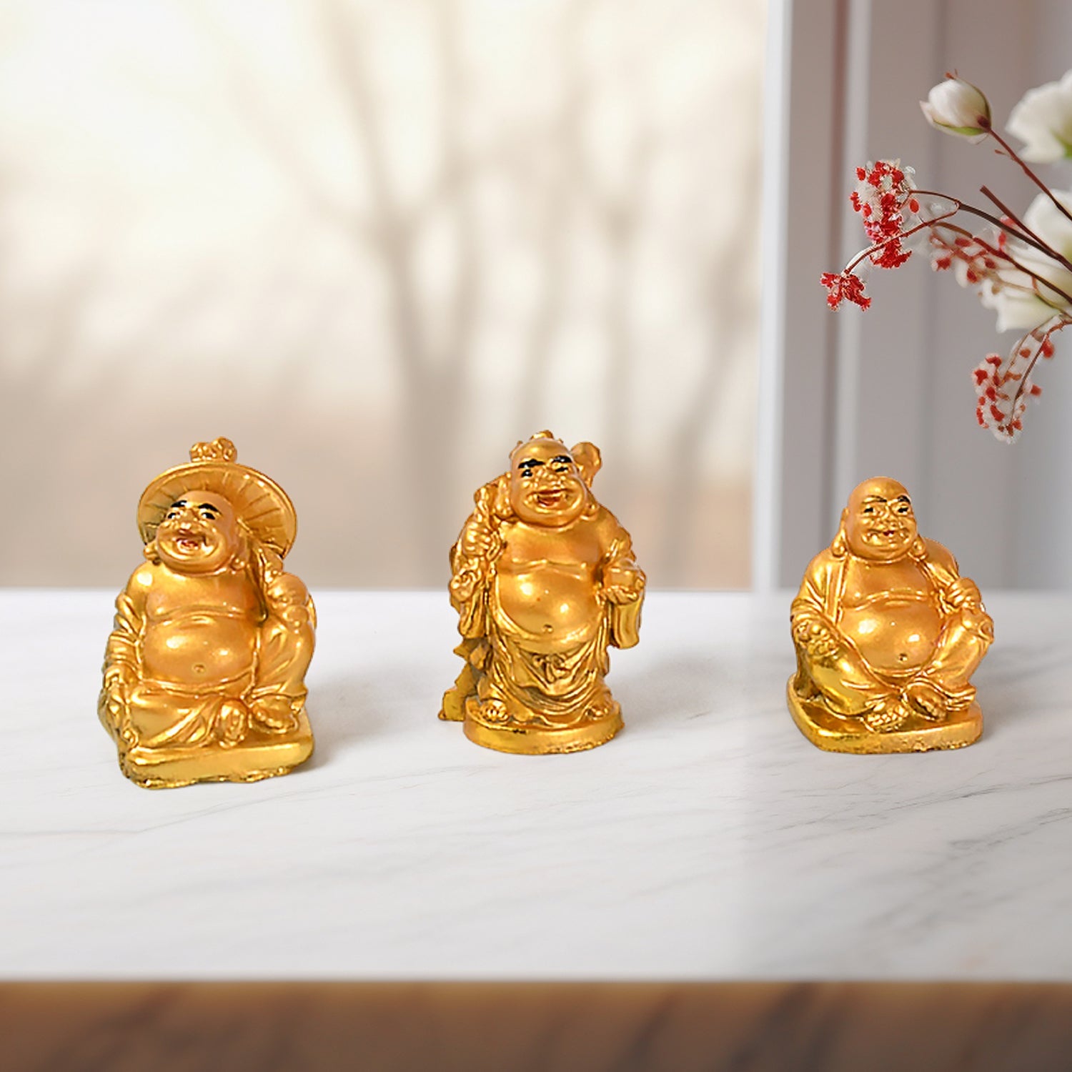 17924 Golden Laughing Buddha Set Of Six Pieces Statue For Happiness, Wealth & Good luck Decor For Wealth and Success (6 Pcs Set)