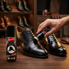 Leather shoes with shiny black polish applied
