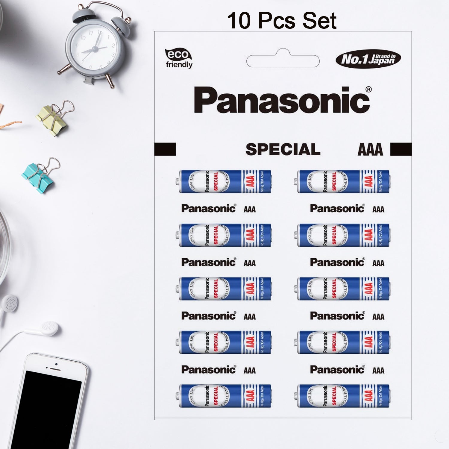 Pack of 10 Panasonic AAA batteries, highlighting eco-friendly features and long life.