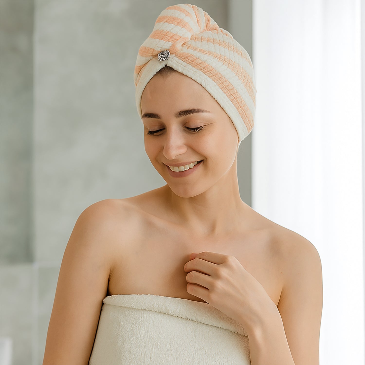 Microfiber hair towel wrap displaying tapered design