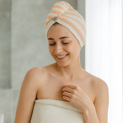 Microfiber hair towel wrap displaying tapered design