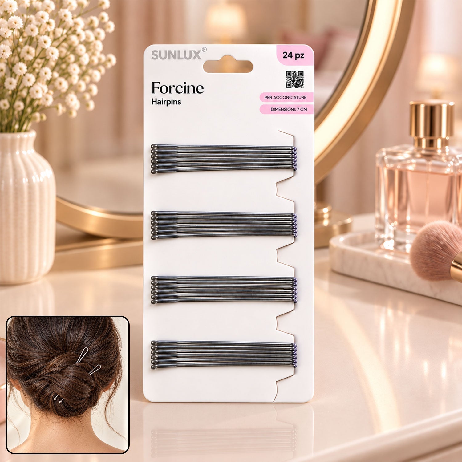 A package of twenty-four silver hairpins on a vanity with a mirror, perfume, and flowers.