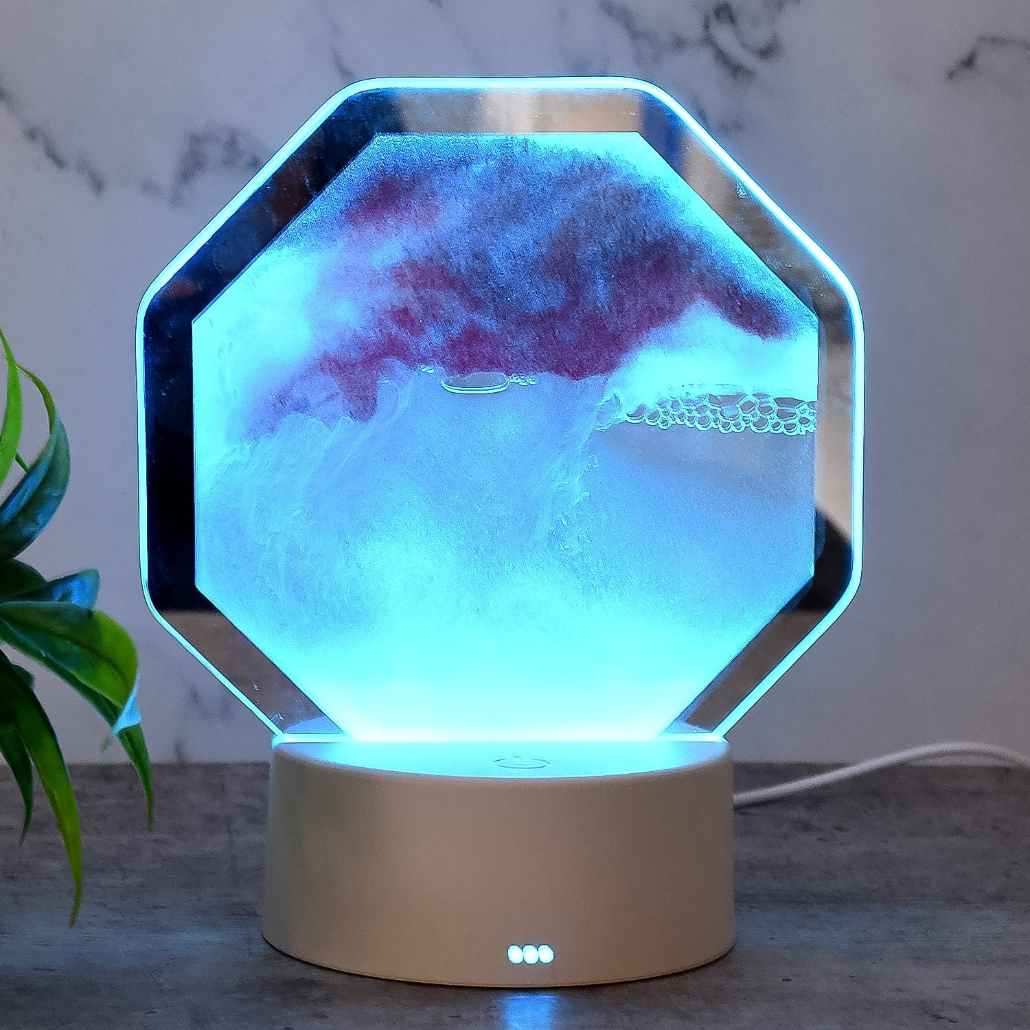 Back view of LED Moving Sand Art Lamp showing USB port & controls