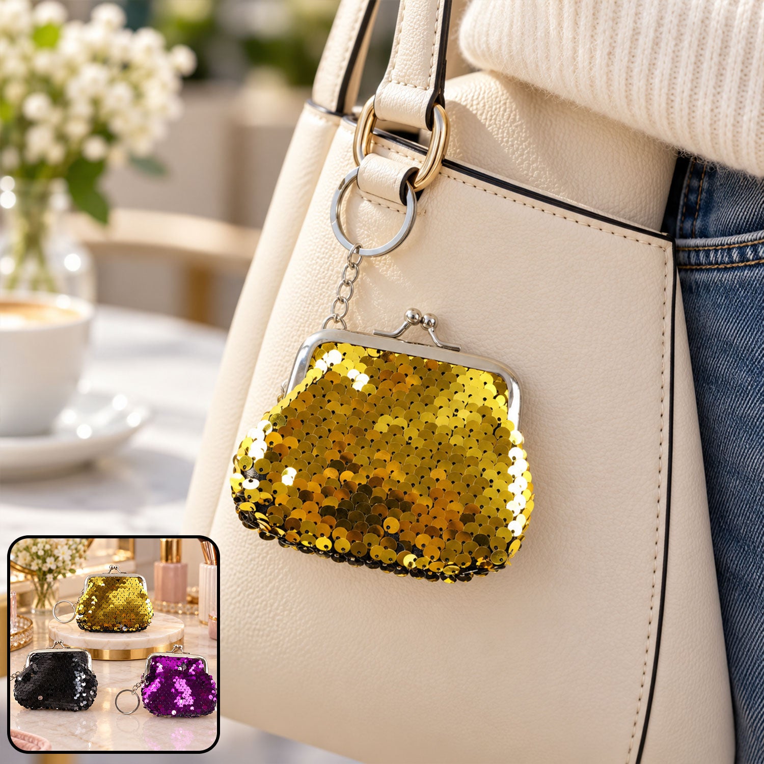 A gold sequined coin purse with a silver kiss-lock clasp and key ring hangs from a cream-colored handbag. â€“ view 8