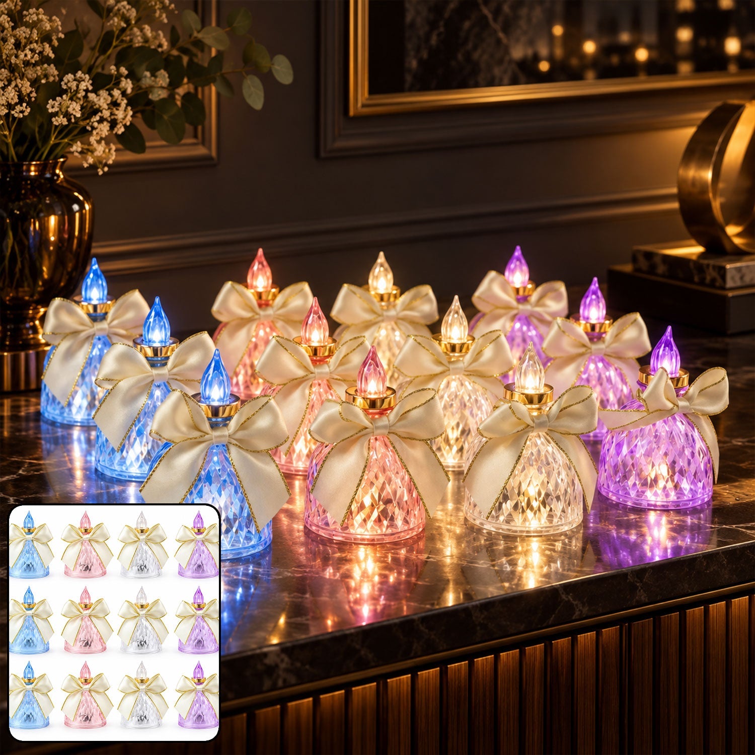 A collection of twelve faceted LED candles with cream bows and gold trim glow in various colors on a dark marble surface.