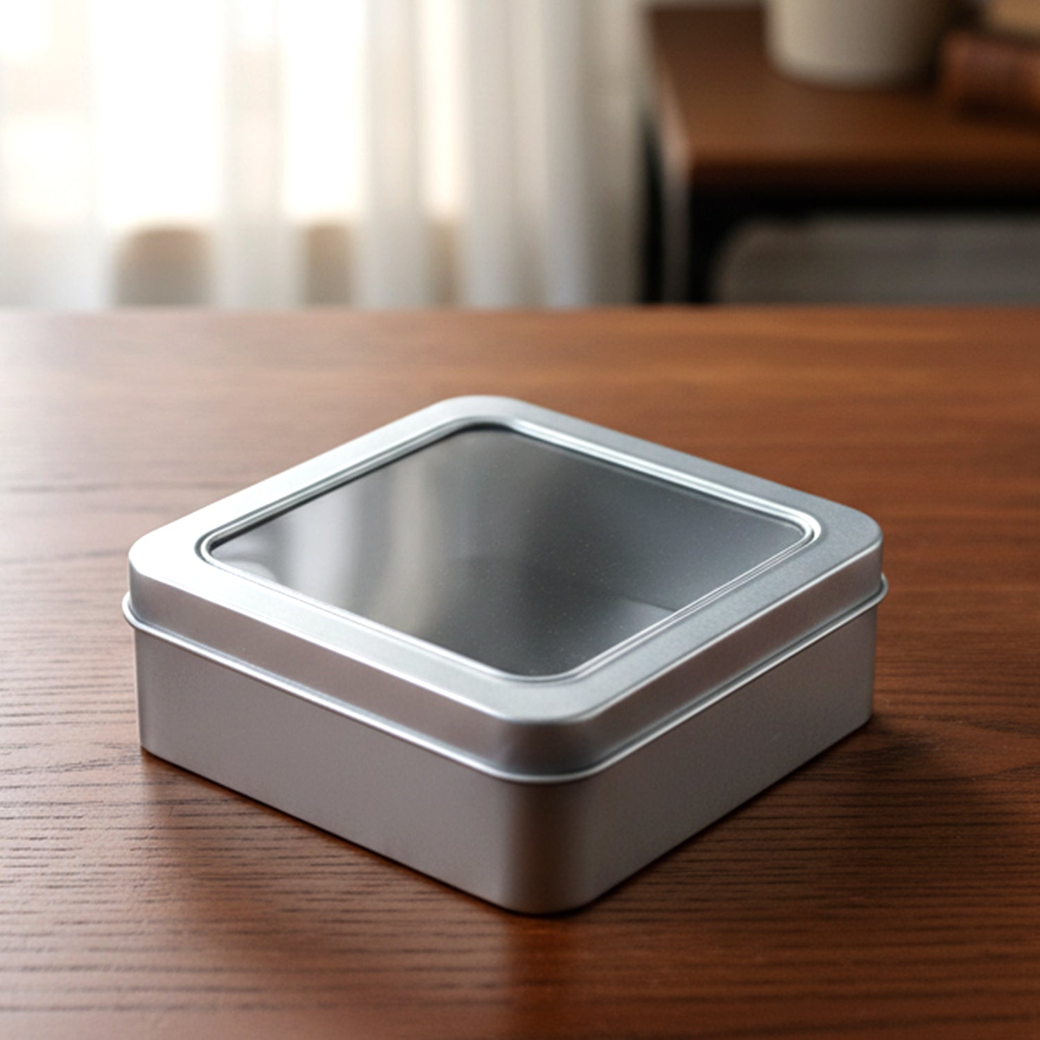 Portable square storage tin with clear window
