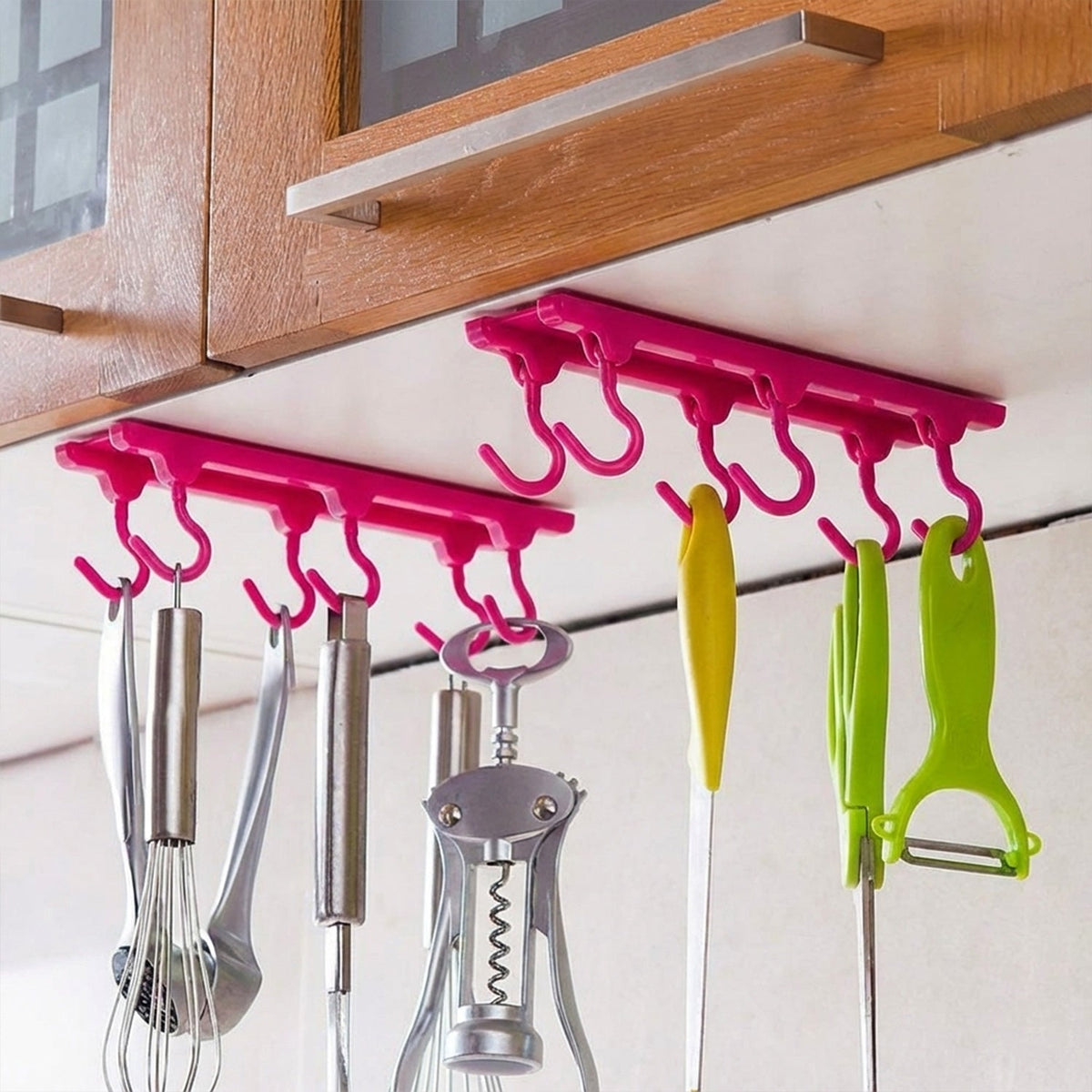 Pink hanging hook organizer with 6 hooks