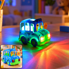 A blue and green toy bus illuminates a dark room with colorful light patterns on the surface.