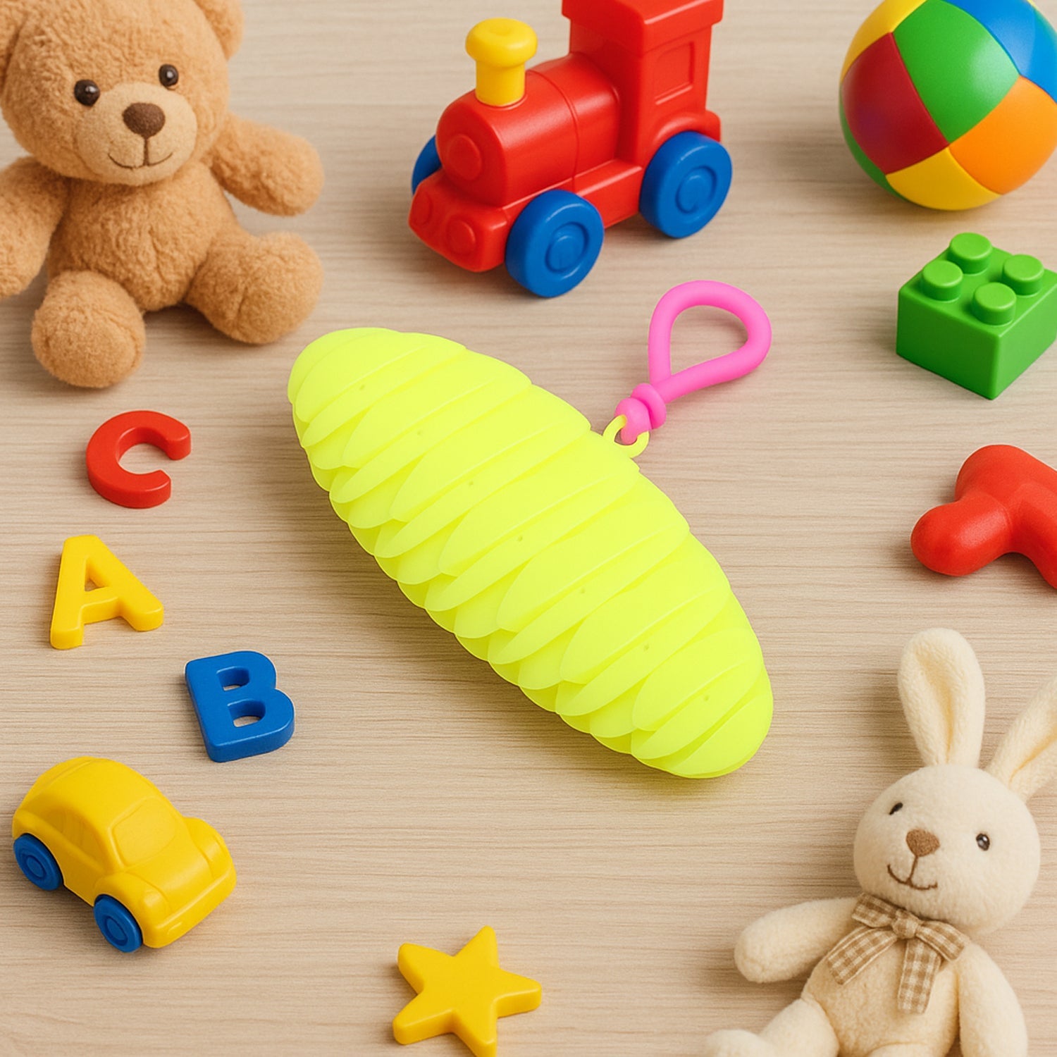 Segmented worm fidget toy on white background
