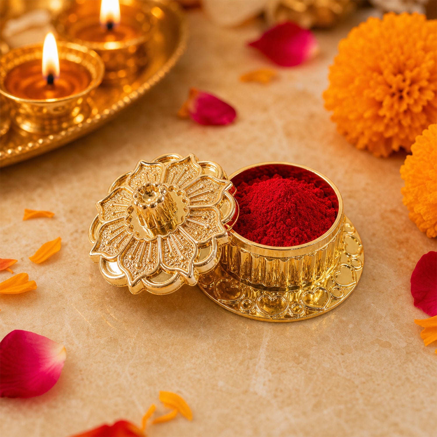 Golden kankavati placed on pooja thali with religious items