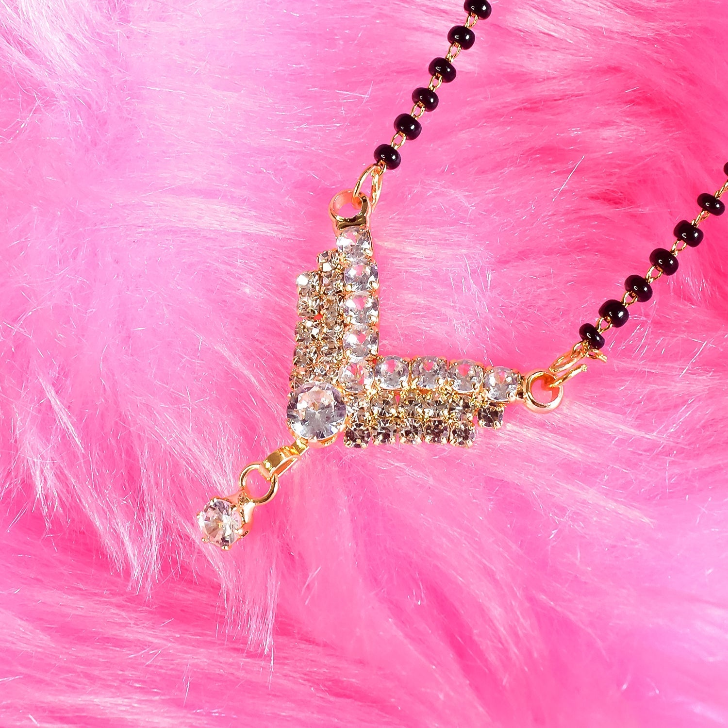 Short Gold-Plated Mangalsutra Necklace â€“ Single Line Diamond & Black Bead Chain for Women