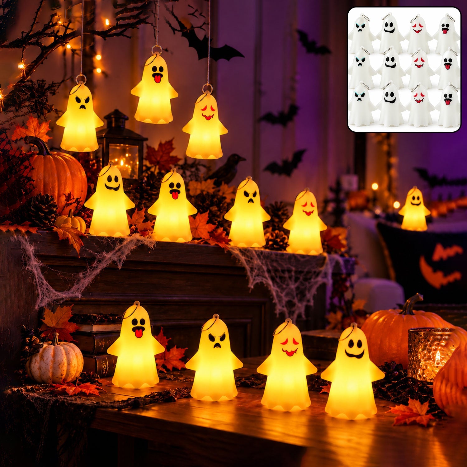 Glowing ghost lights are arranged on two levels of a Halloween display with pumpkins, bats, and spiderwebs.