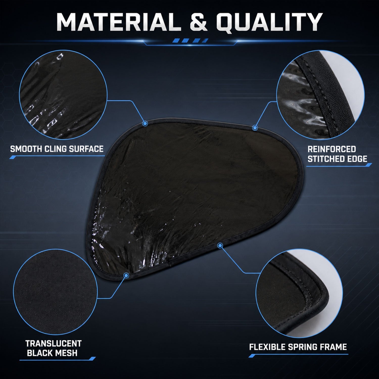 Diagram detailing the material and quality of the black mesh sun shade, including its cling surface and frame.