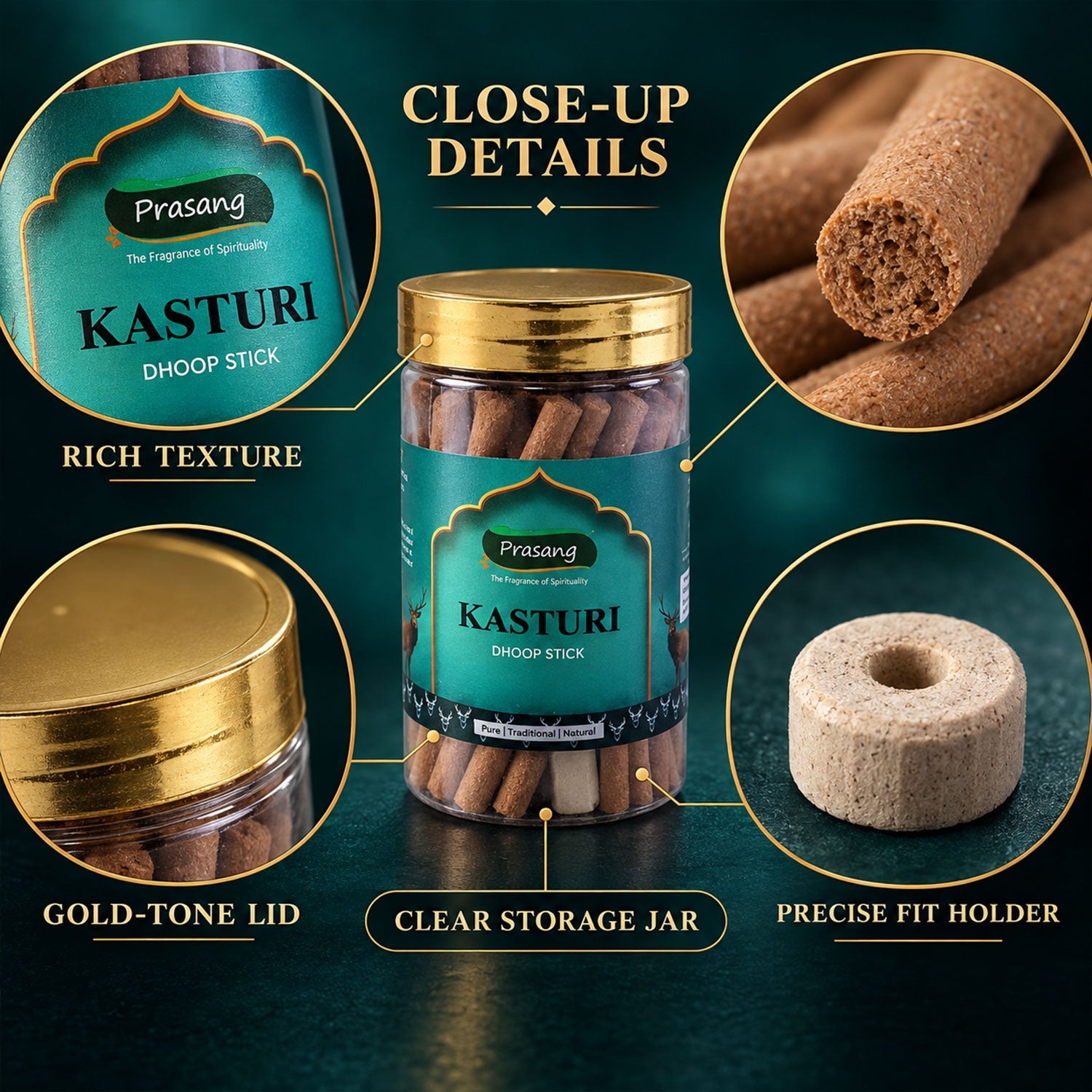 Detailed view of the dhoop stick jar, gold lid, stick texture, and a precise fit holder.