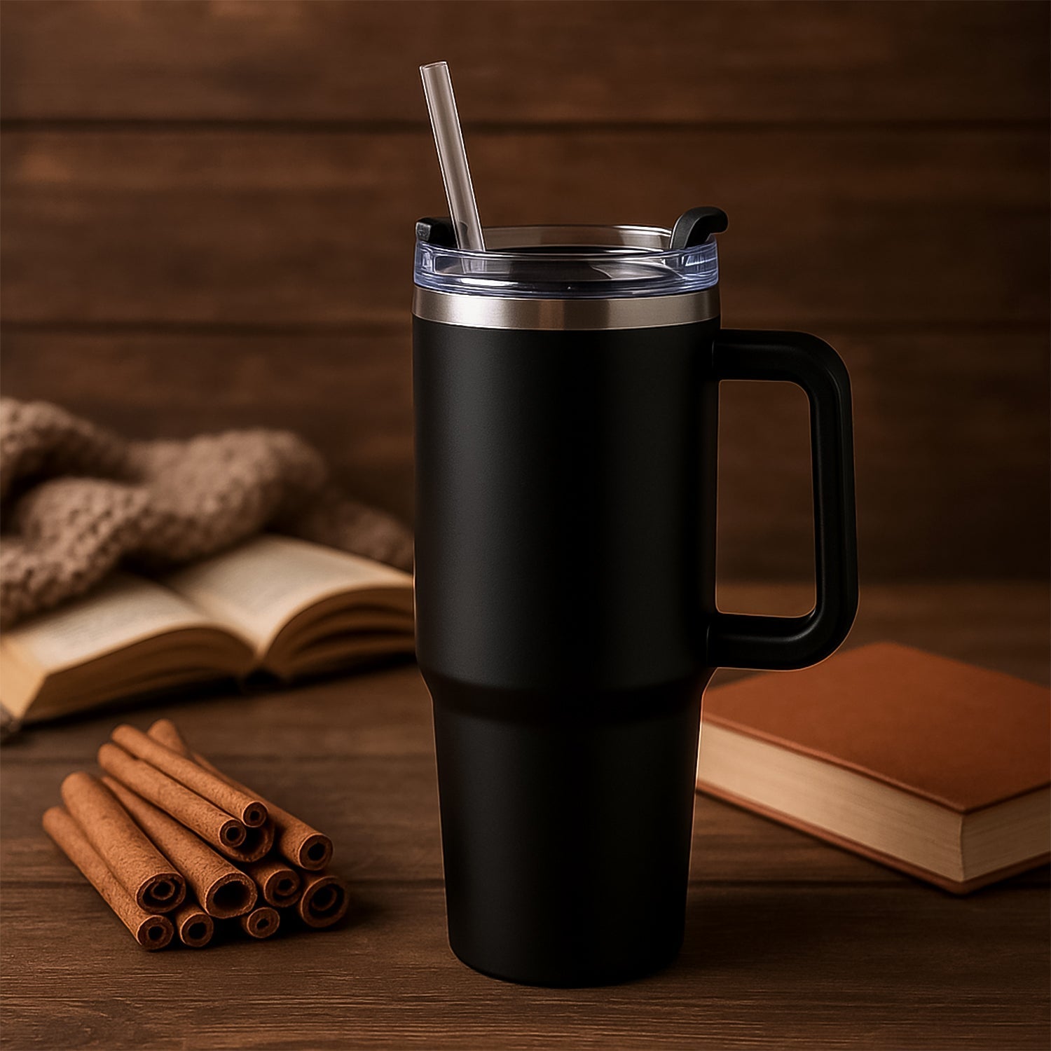 Travel mug standing upright with handle visible