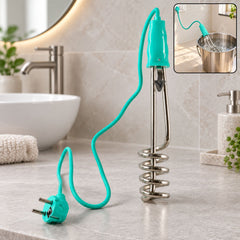 A teal and silver electric immersion water heater rod stands on a bathroom counter, with a small inset showing it in a
