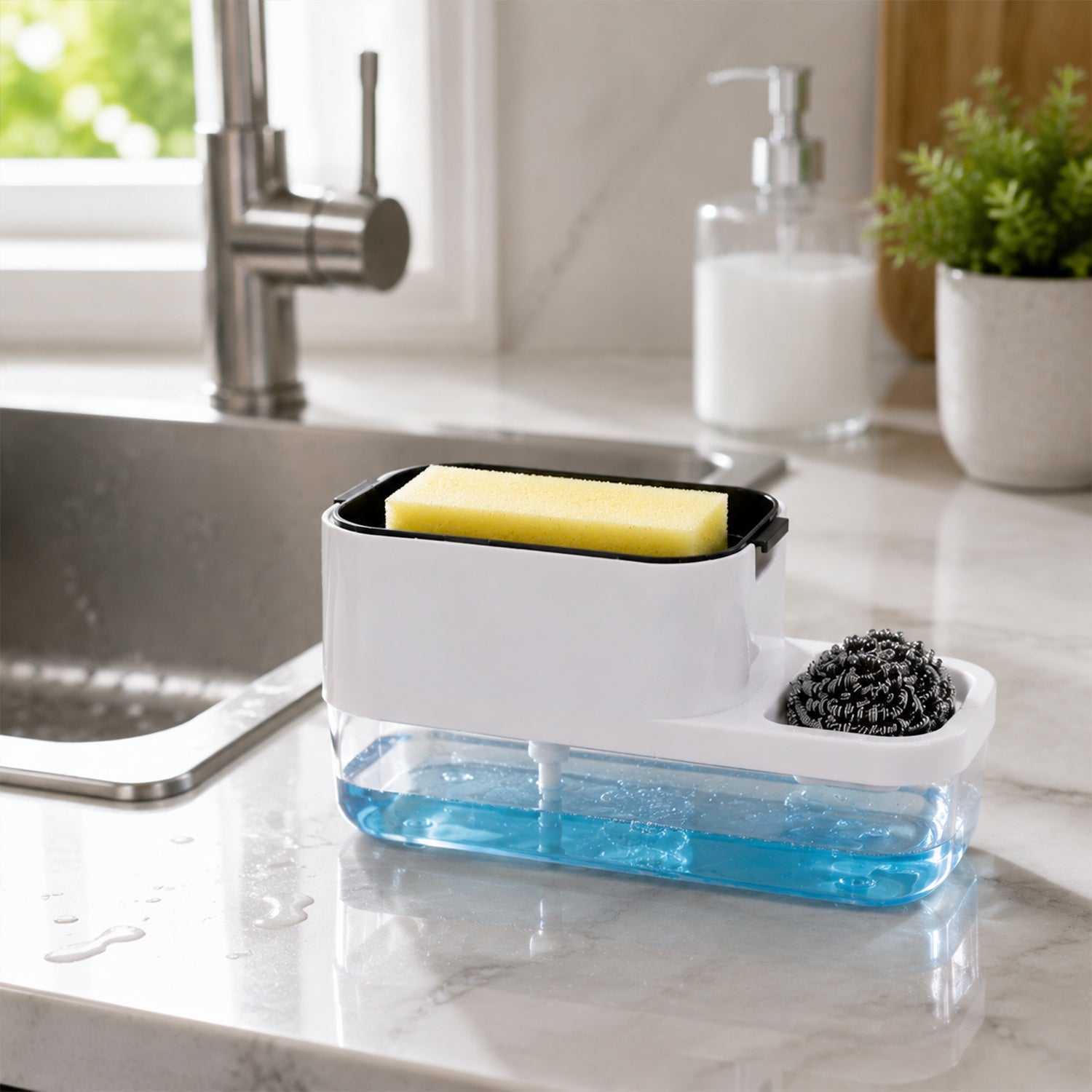 Hand pressing pump of 2-in-1 Dish Soap Dispenser, showing soap dispensing