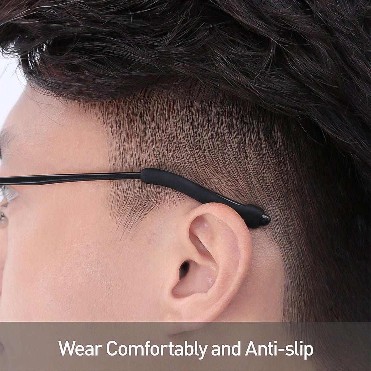Anti-slip silicone eyeglass ear stabilizers fitted on glasses