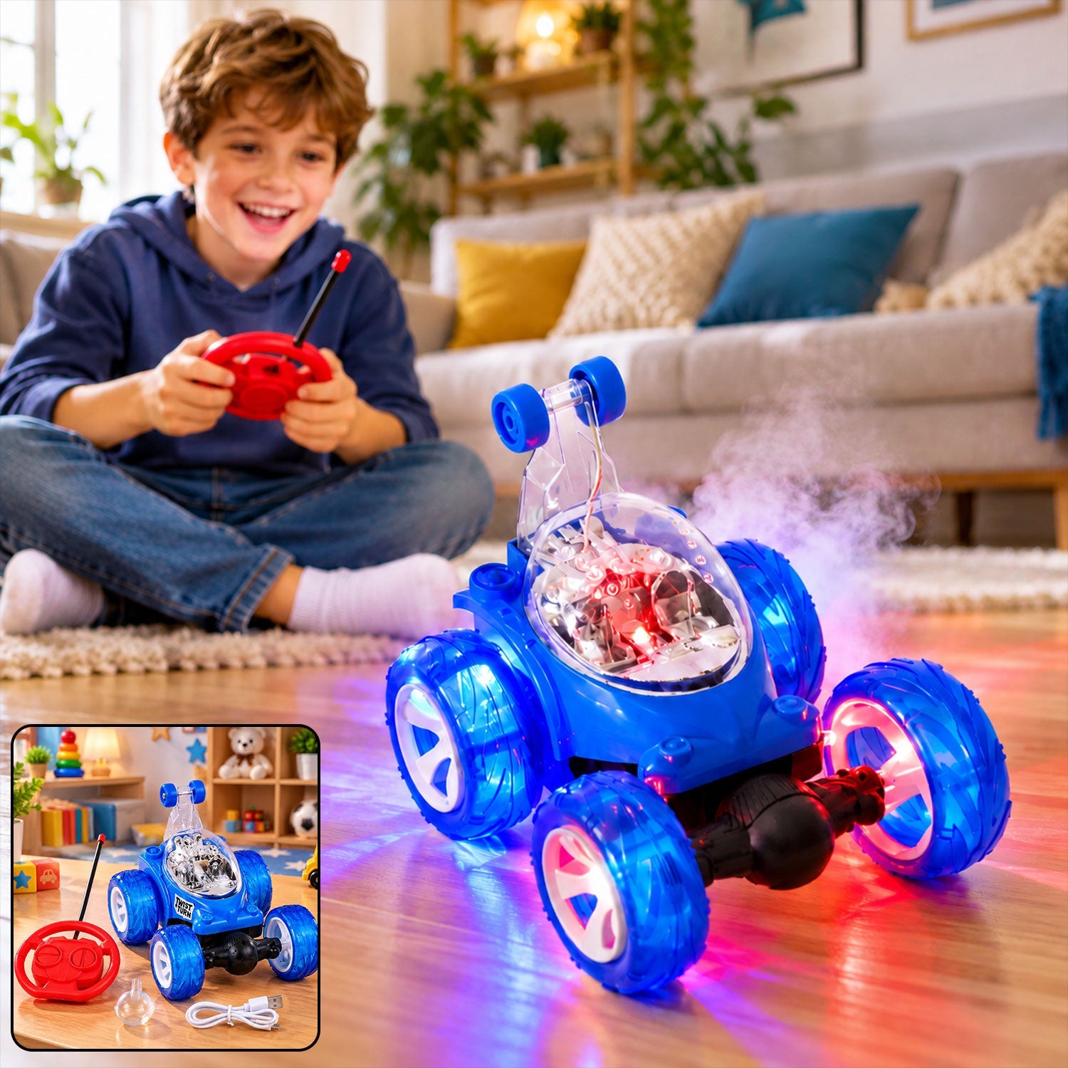 A happy child controls a blue remote control stunt car that emits a fine mist and colorful light patterns.