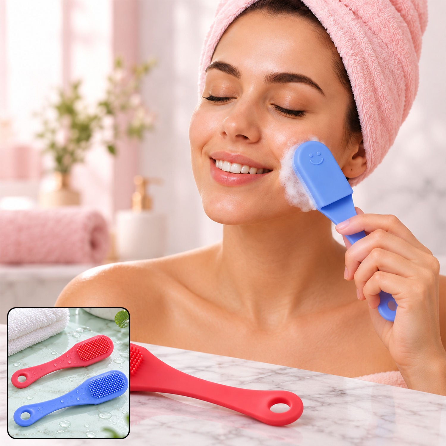 Face Wash Brush with Soft Silicone Bristles for Daily Face Care (2 Pc Set)