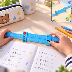 A child's hands adjust a blue math ruler on an open notebook, with a small inset showing the ruler and loose number pieces.