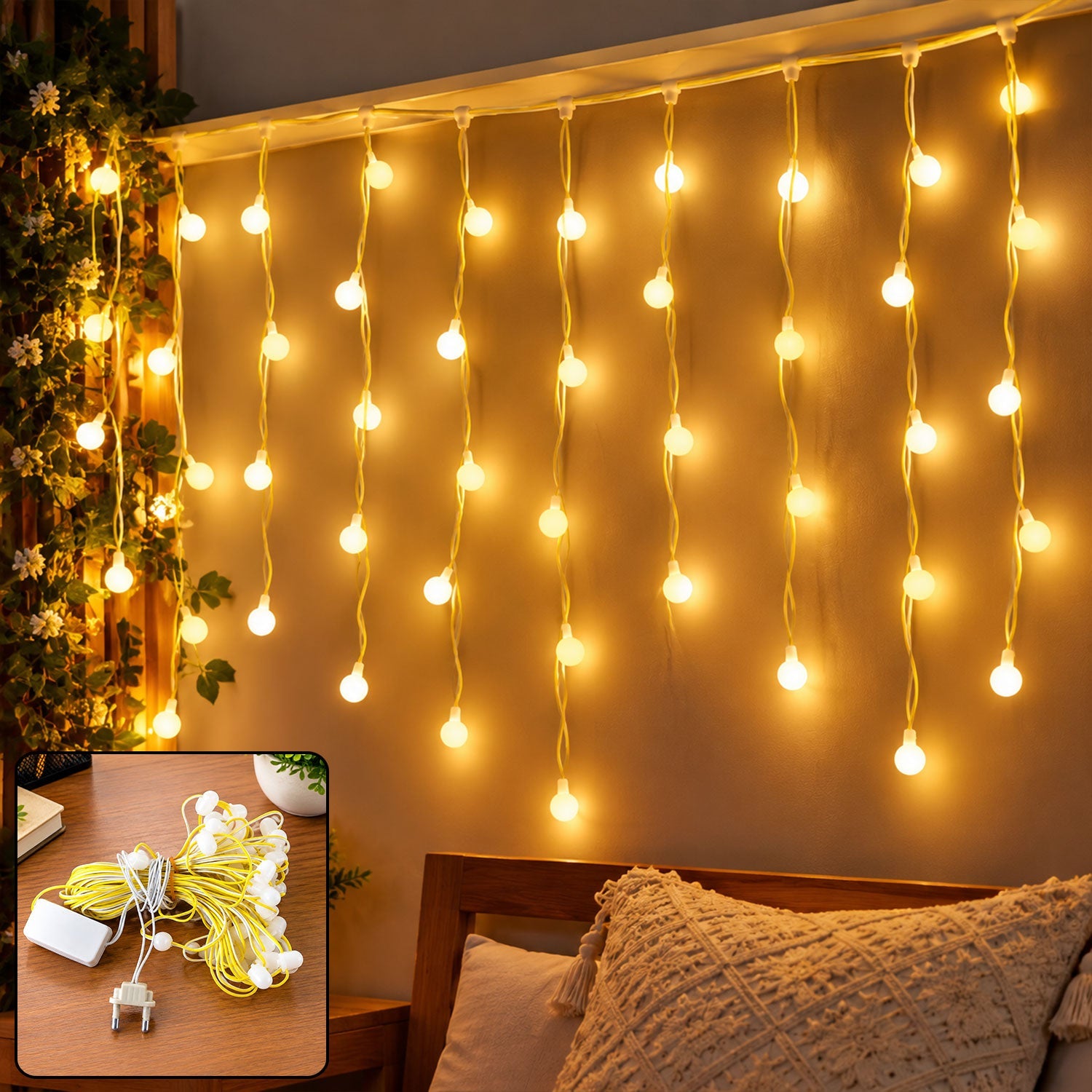 Warm white bulb string lights hang vertically on a wall above a bed with a decorative pillow and a small plant, â€“ view 3