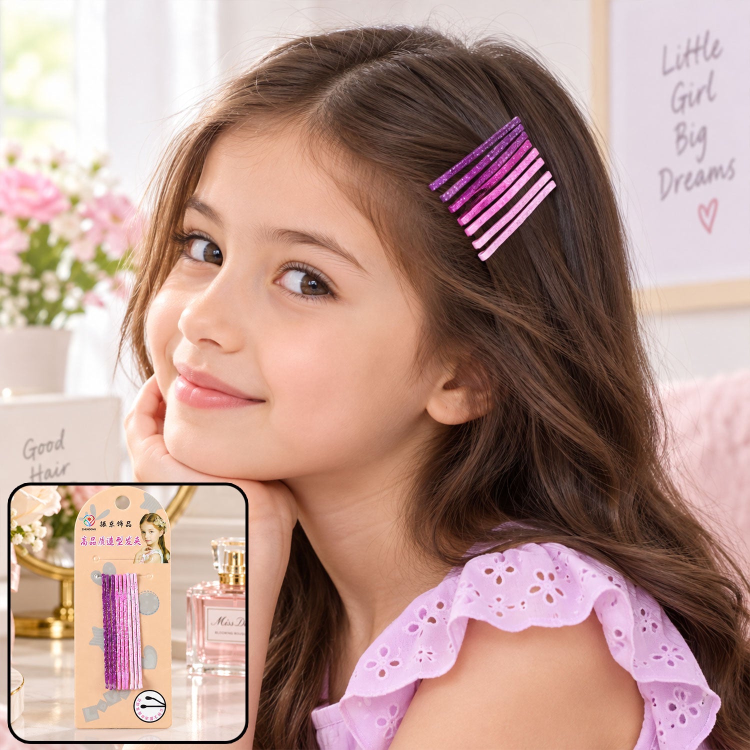 A young girl with long brown hair smiles, wearing several pink and purple glitter bobby pins, with a product package overlay.