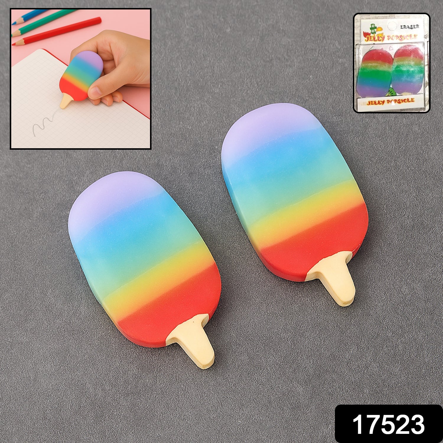 Jelly Popsicle Erasers â€“ Cute & Fancy Mini Erasers for Kids (2 Pc Set, Mix Design)