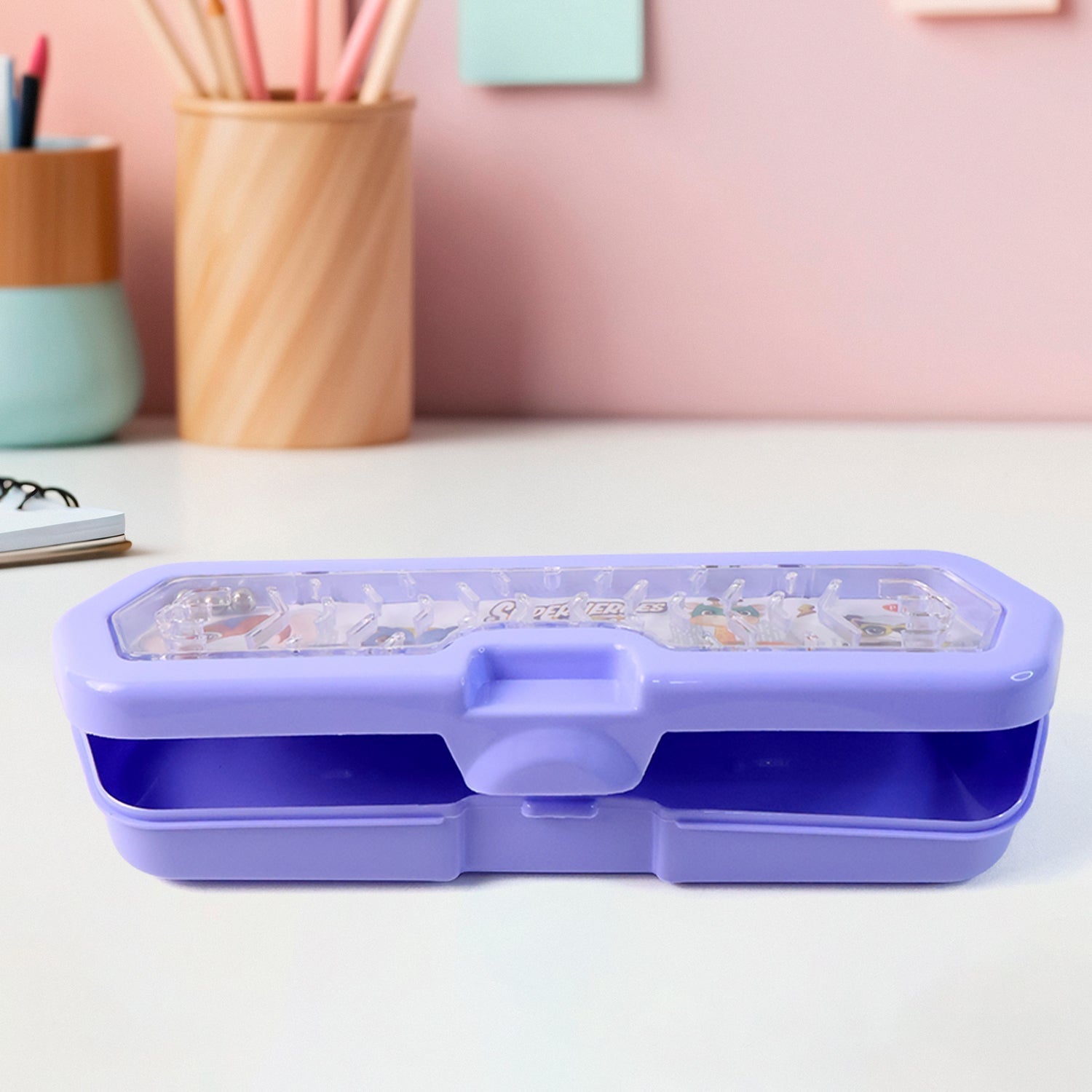 Back view of the durable plastic pencil box for school stationery.