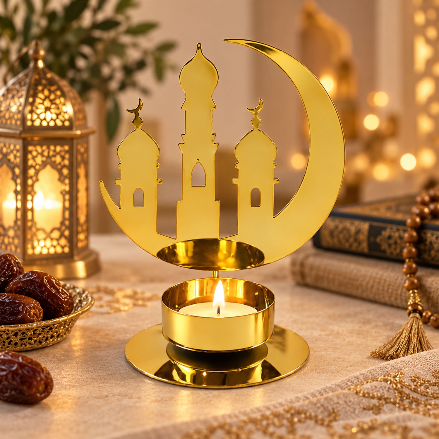 A golden metal crescent moon and mosque design incense holder with a lit tealight candle.