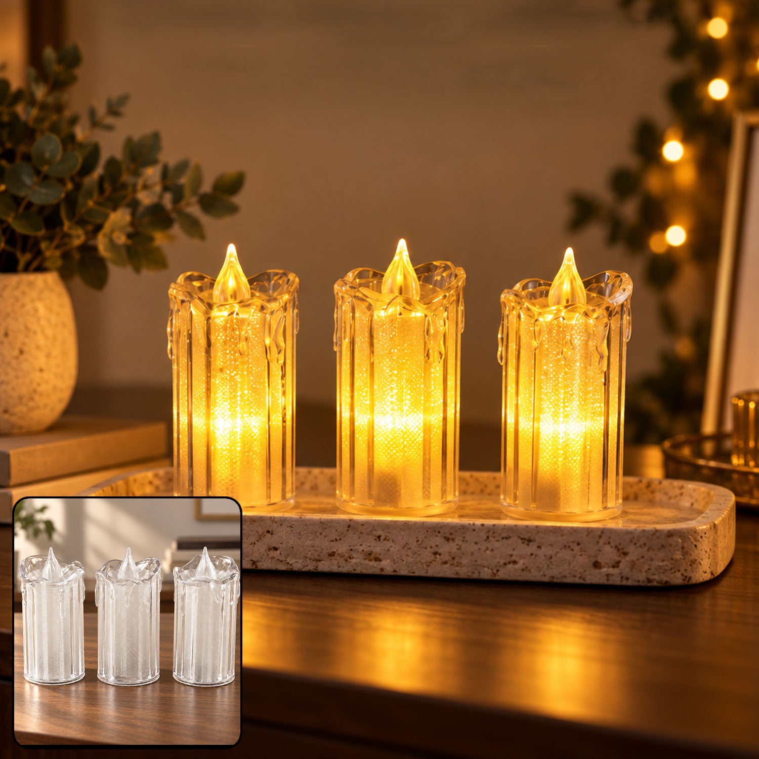 Three clear plastic LED candles with warm yellow glow on a textured rectangular tray, surrounded by dim ambient light and a