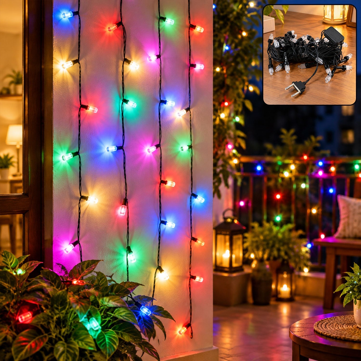 Vibrant multicolor LED string lights illuminate a wall and balcony railing, creating a festive atmosphere with plants. A