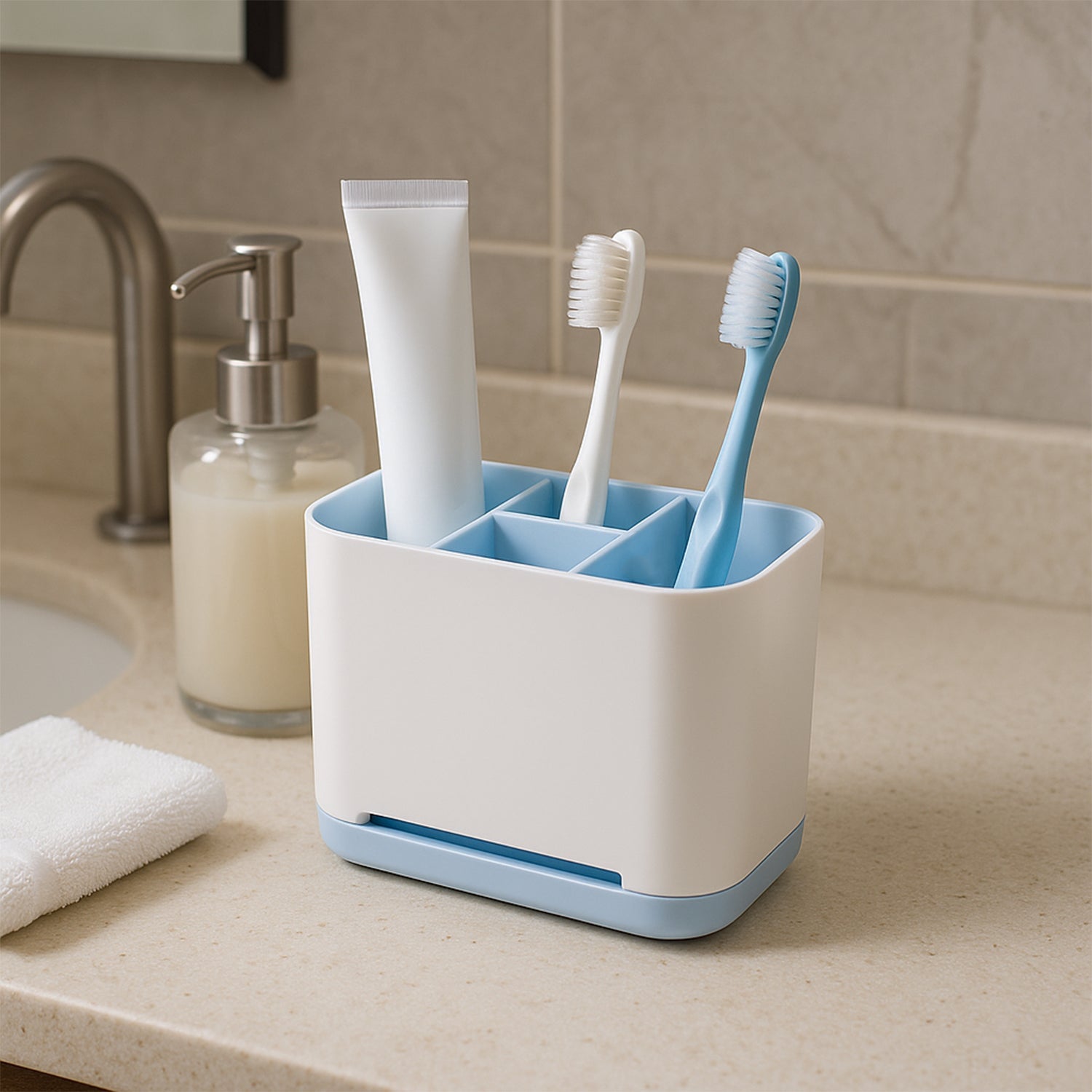 Side view of multi-use toothbrush caddy stand in bathroom setting