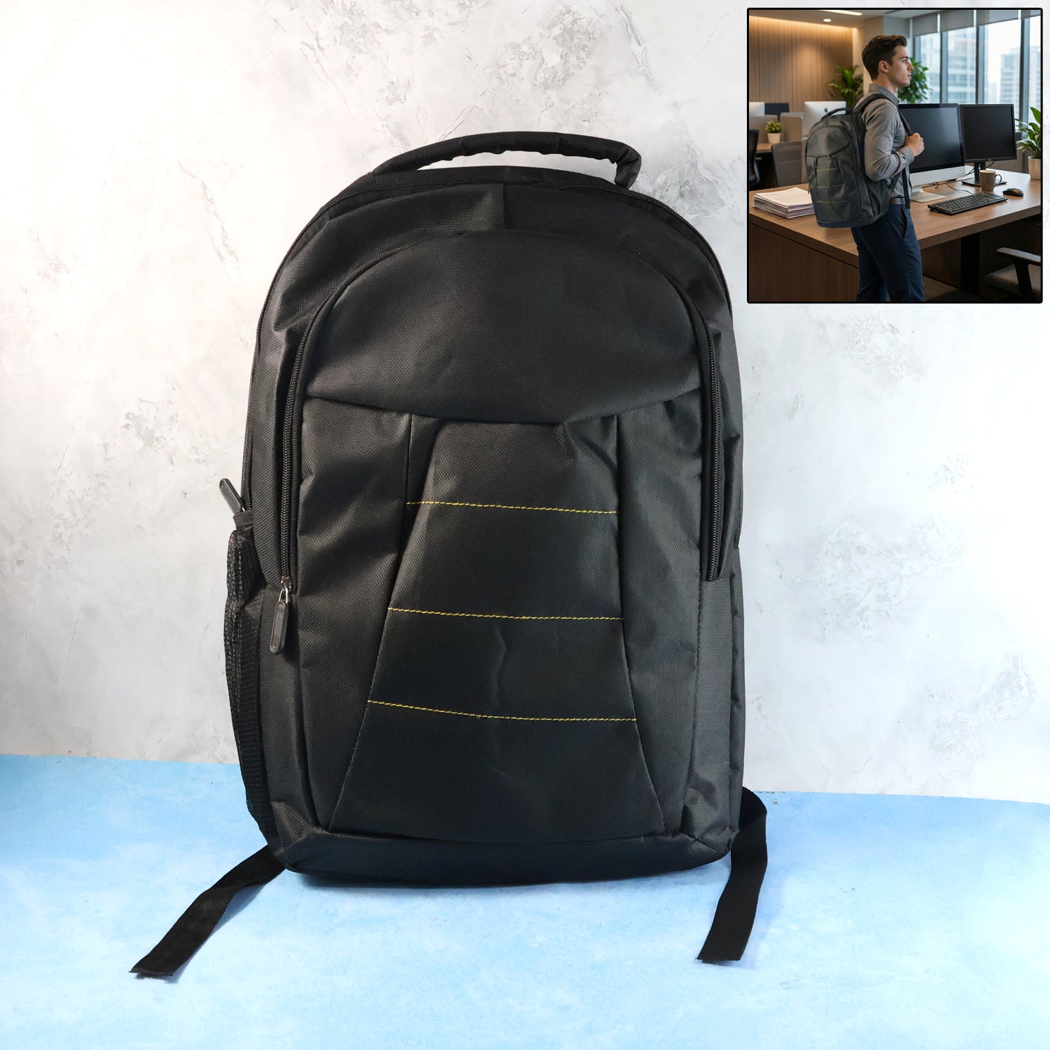 Lightweight water-resistant laptop backpack front view with reflective panel